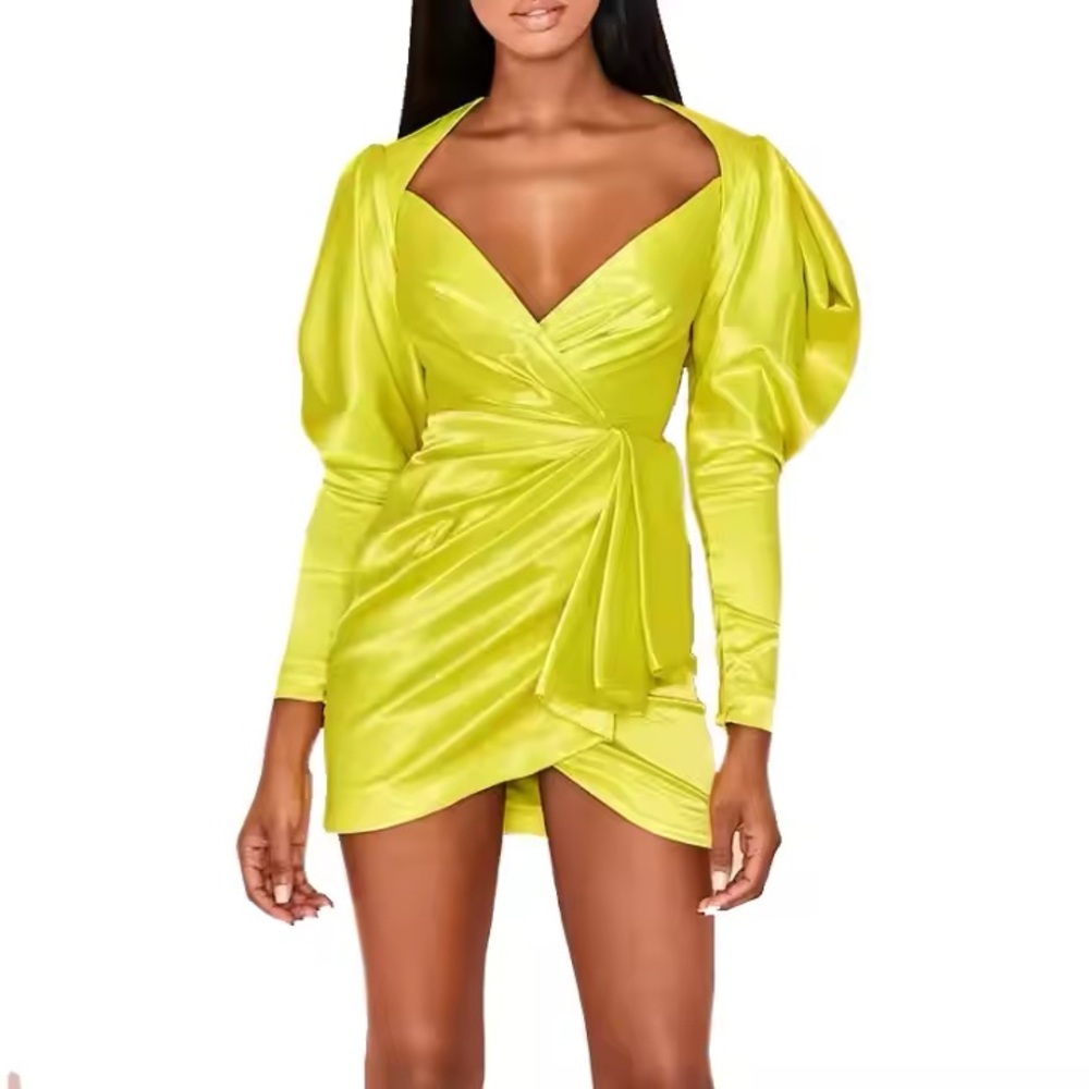 House of CB Lime Satin Wrap Mini Dress with Puff Sleeves
